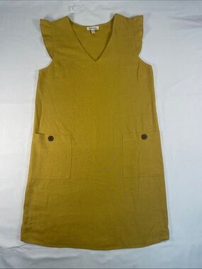 Mauve Mustard Linen Mini Shift Pocket Dress Button flutter sleeves Anthropologie